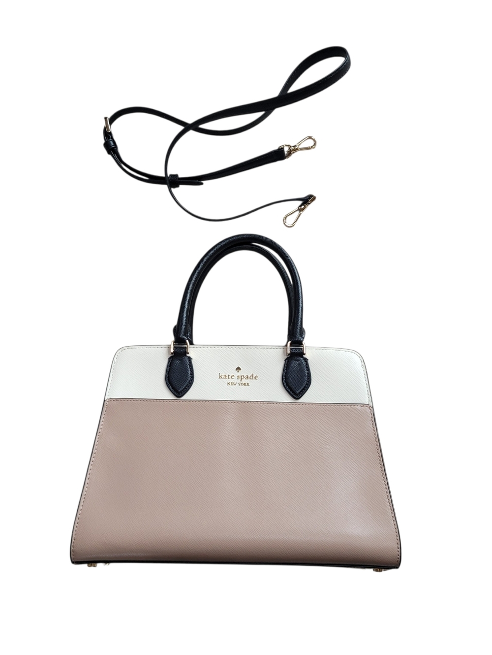 Kate Spade Womens Cream Tan Black Leather Madison Top Zip Medium Satchel - Picture 6 of 12